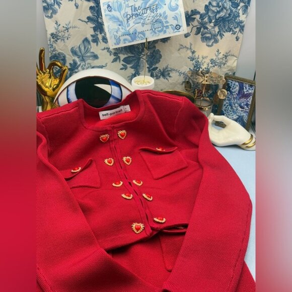 🆕 SELF-PORTRAIT 🧿 NWOT Red Knit Heart Buttoned Cardigan + Midi Skirt Set Sz M - Picture 2 of 15
